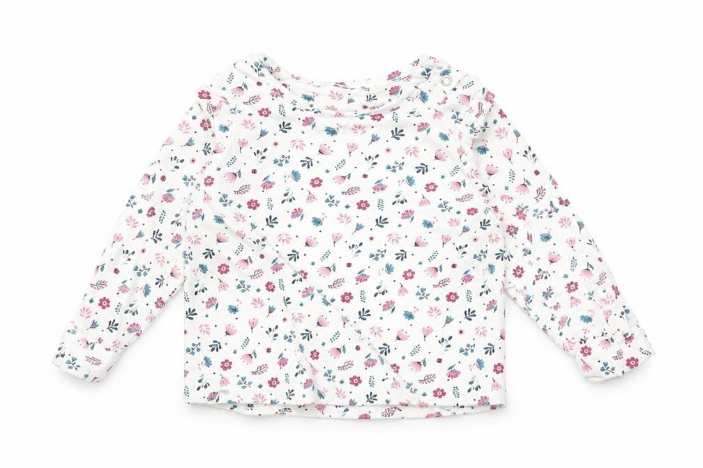 Front view of Nutmeg Baby White Floral Basic T-Shirt, size 9-12, Months