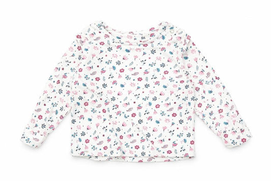 Front view of Nutmeg Baby White Floral Basic T-Shirt, size 9-12, Months