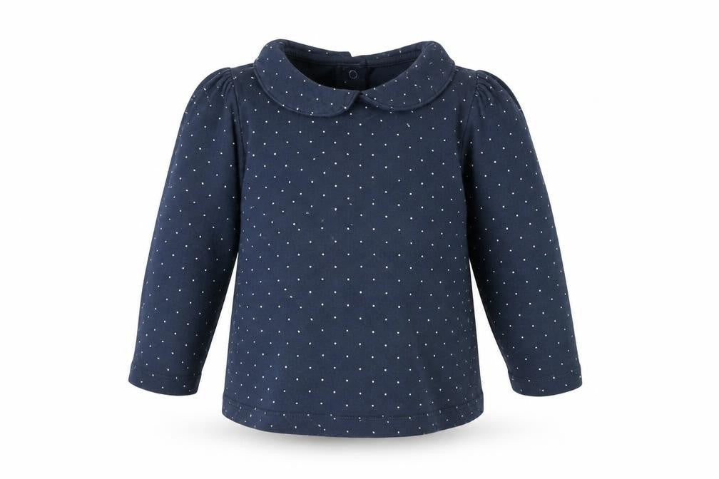 Front view of Nutmeg Baby Blue Spotted Basic T-Shirt, size 9-12, Months