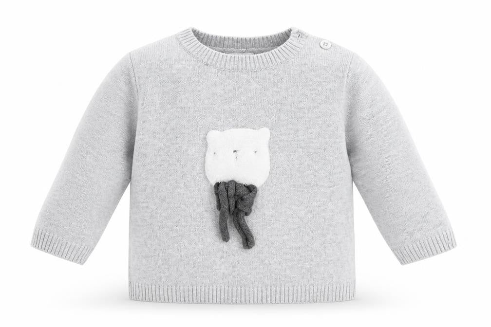 Front view of mamas & papas Baby Grey jumper, size 18-24, Months - Bear