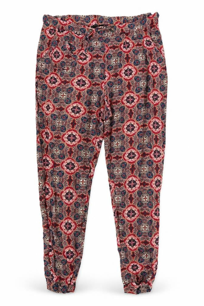 Front view of Atmosphere women’s multicoloured geometric trousers, size UK 8, 22-inch leg