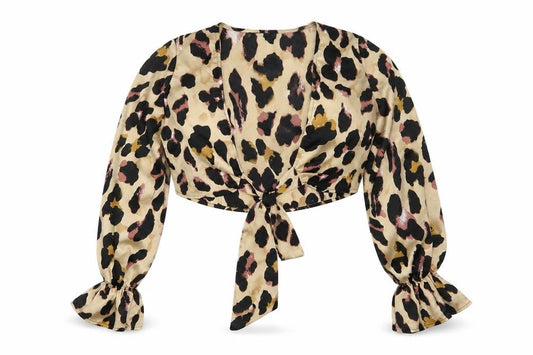 Front view of Quiz women’s gold animal print wrap blouse, size UK 6