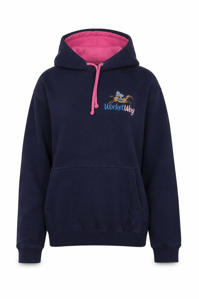 Front view of Awdis women’s blue pullover hoodie, size S