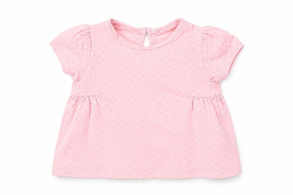 Front view of Mothercare girls’ pink polka dot basic t-shirt, size 3-6, months