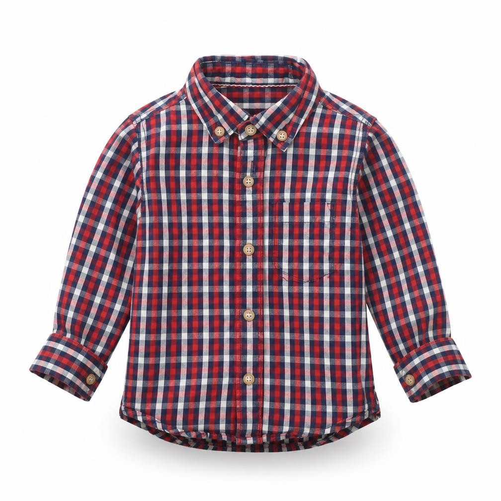 Front view of Mothercare boys’ blue check basic button-up, size 12-18, months