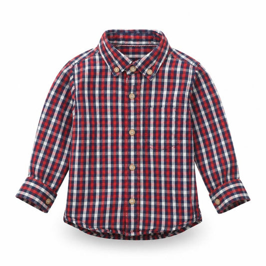 Front view of Mothercare boys’ blue check basic button-up, size 12-18, months
