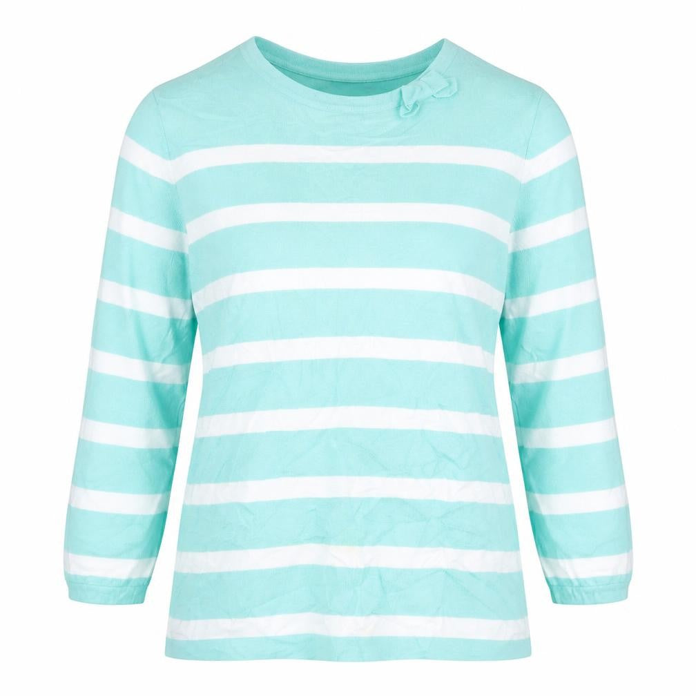Front view of Just Elegance women’s green striped jumper, size M