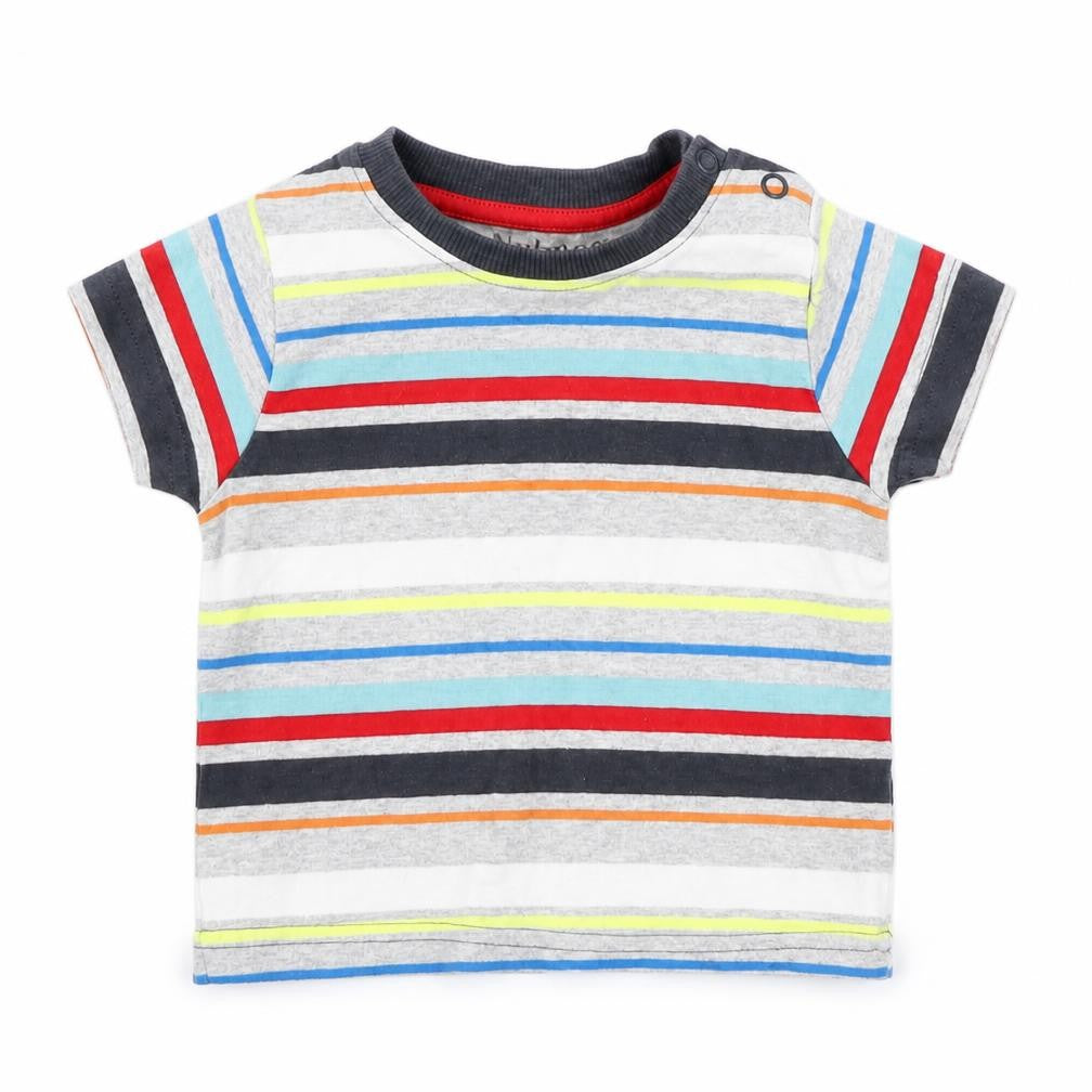 Front view of Nutmeg boys’ grey striped basic t-shirt, size 3-6, months