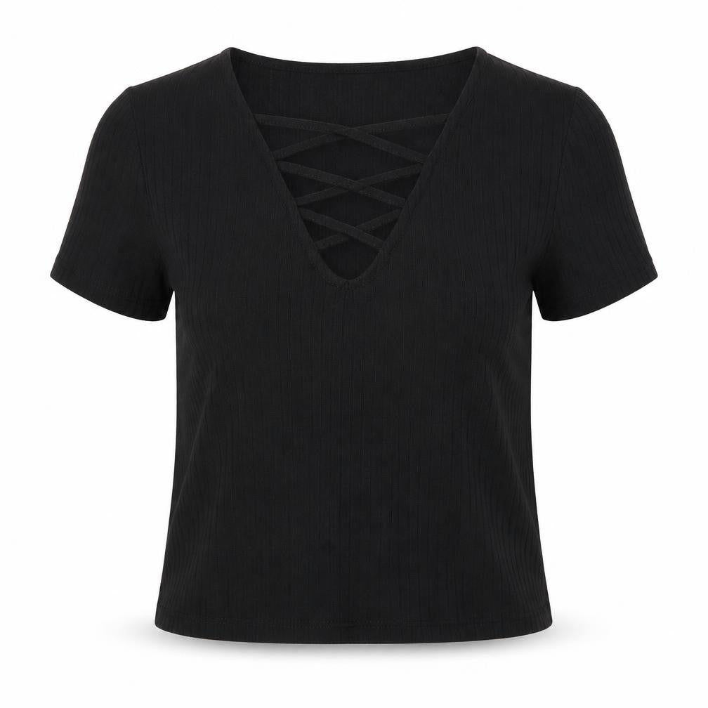 Front view of Miss Selfridge women’s black cropped t-shirt, size UK 6