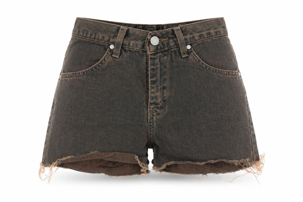 Front view of Zero London women’s multicoloured denim hot pants shorts, size UK 26, in