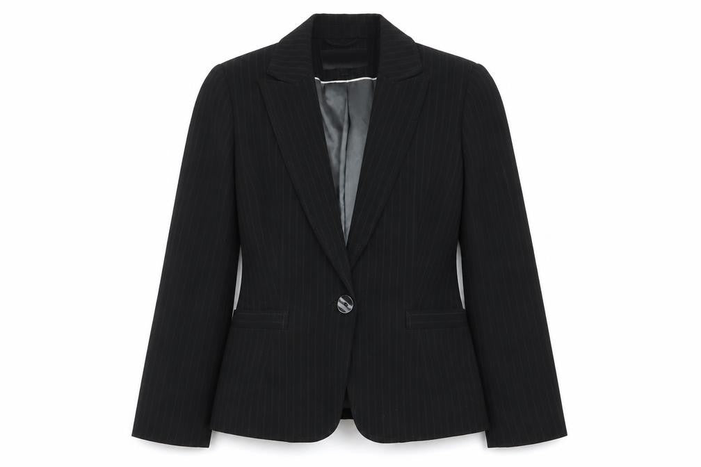 Front view of Papaya women’s black striped jacket blazer, size UK 10