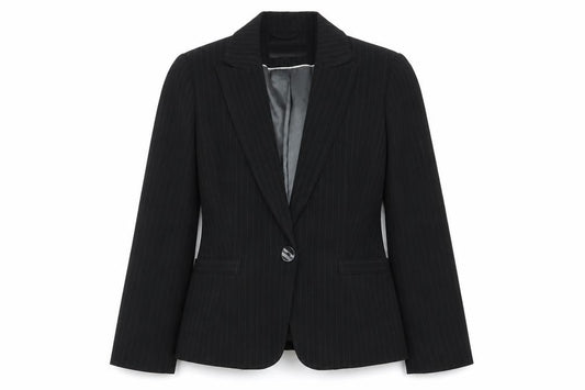 Front view of Papaya women’s black striped jacket blazer, size UK 10