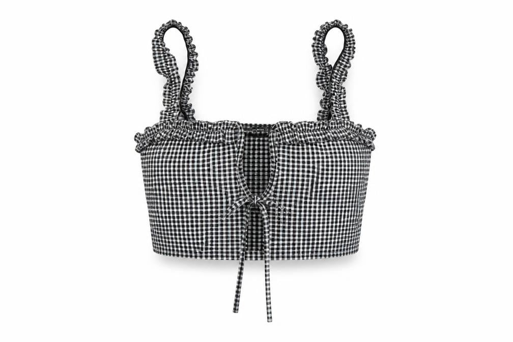Front view of PRETTYLITTLETHING women’s black check cropped tank, size UK 10