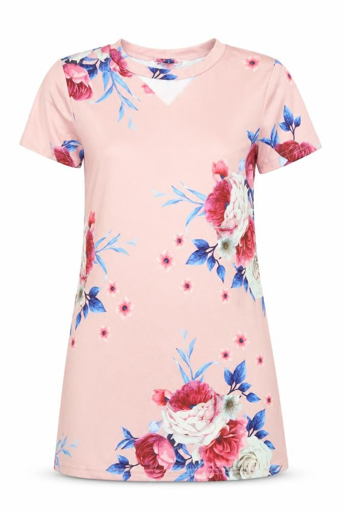 Front view of SHEIN Shien women’s pink floral basic t-shirt, size UK 6