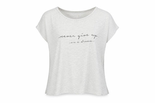 Front view of F&F women’s grey striped basic t-shirt, size UK 6