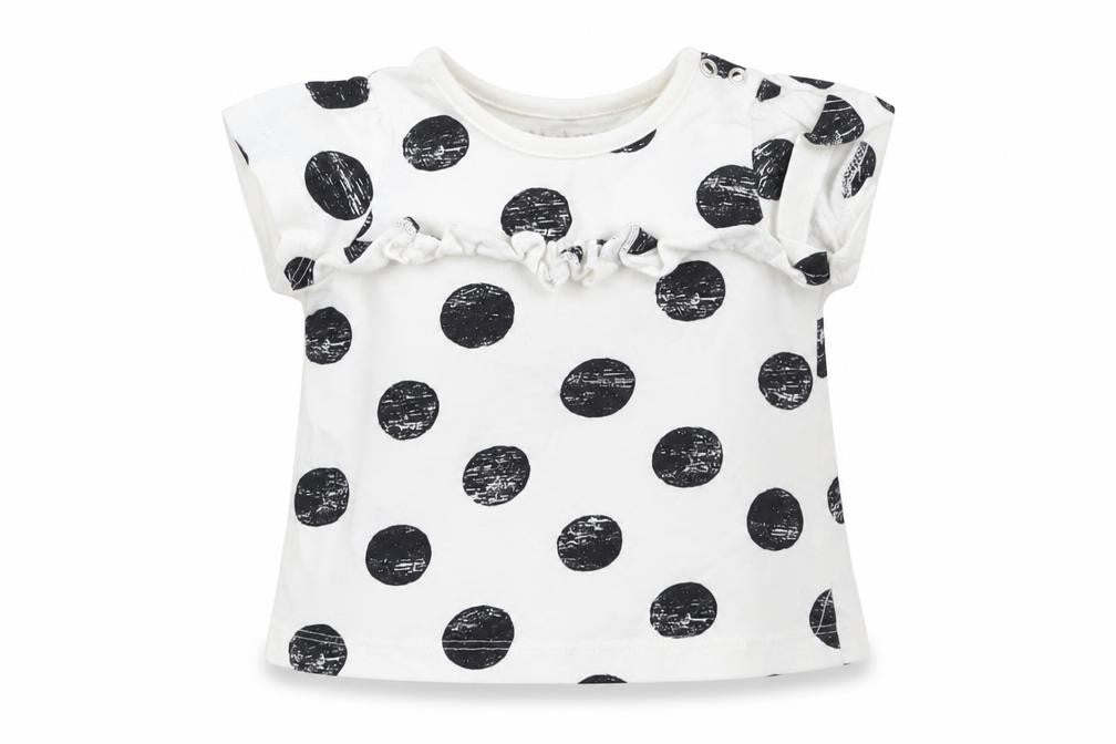 Front view of Nutmeg girls’ multicoloured spotted basic t-shirt, size 0-3, months