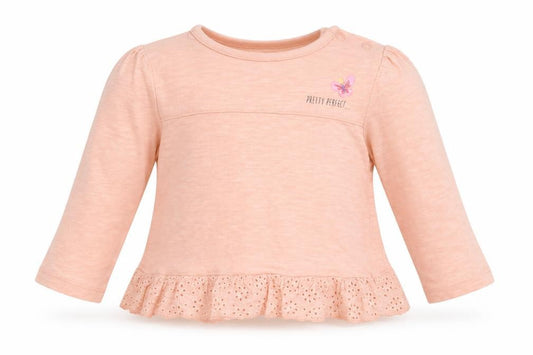 Front view of Nutmeg girls’ pink basic t-shirt, size 9-12, months