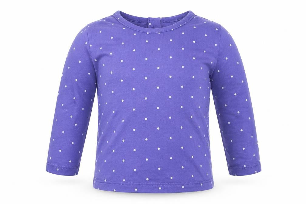 Front view of John Lewis Baby Blue Spotted Basic T-Shirt, size 3-6, Months