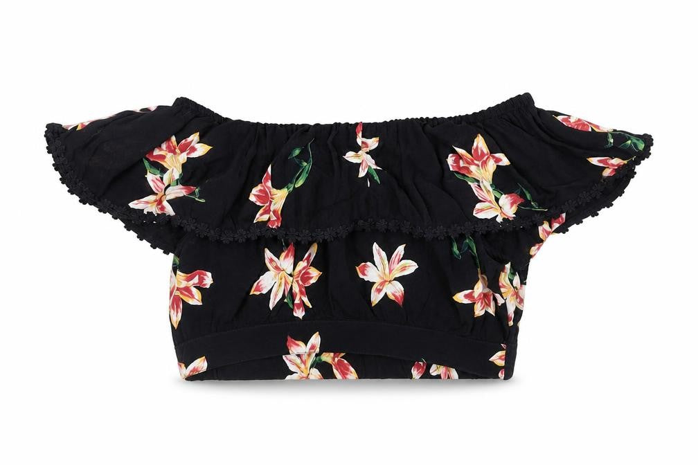 Front view of Miss Selfridge women’s black floral cropped blouse, size UK 8