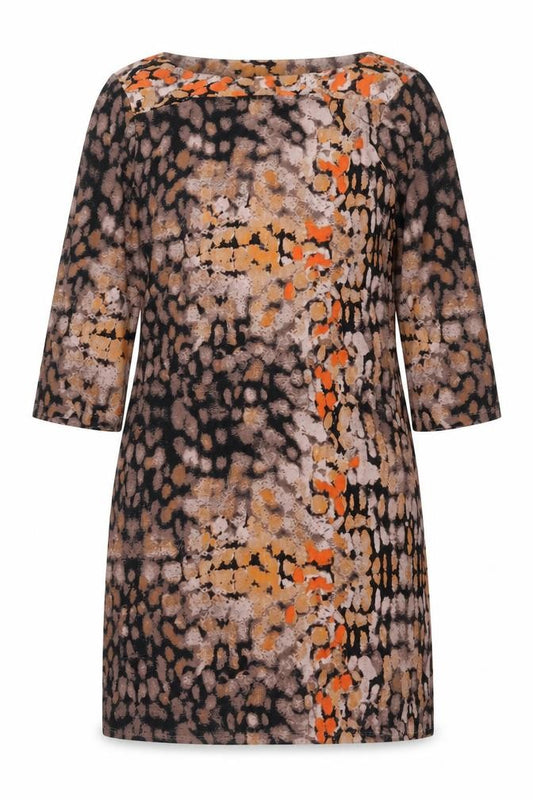 Front view of Beige women’s black shift, size UK 12, - abstract design
