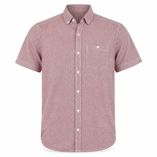 Front view of Next men’s red geometric button-up, size S, - burgundy