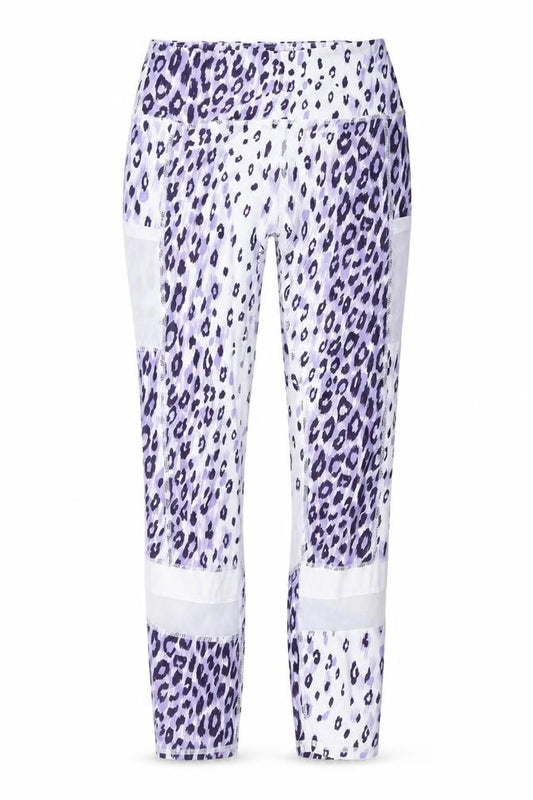 Front view of SHEIN women’s purple animal print compression leggings, size S, 27-inch leg