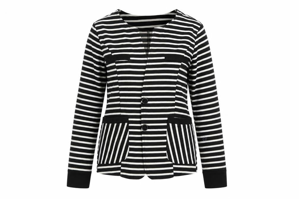 Front view of to shine women’s black striped jacket, size S
