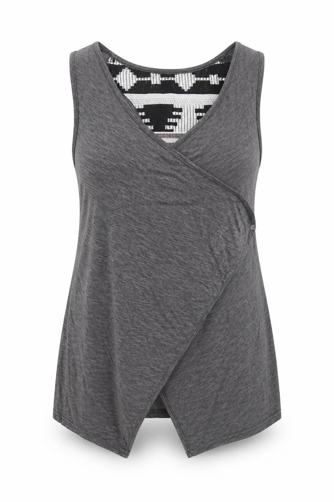 Front view of Moutaki women’s grey wrap tank, size S