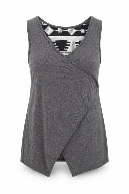Front view of Moutaki women’s grey wrap tank, size S