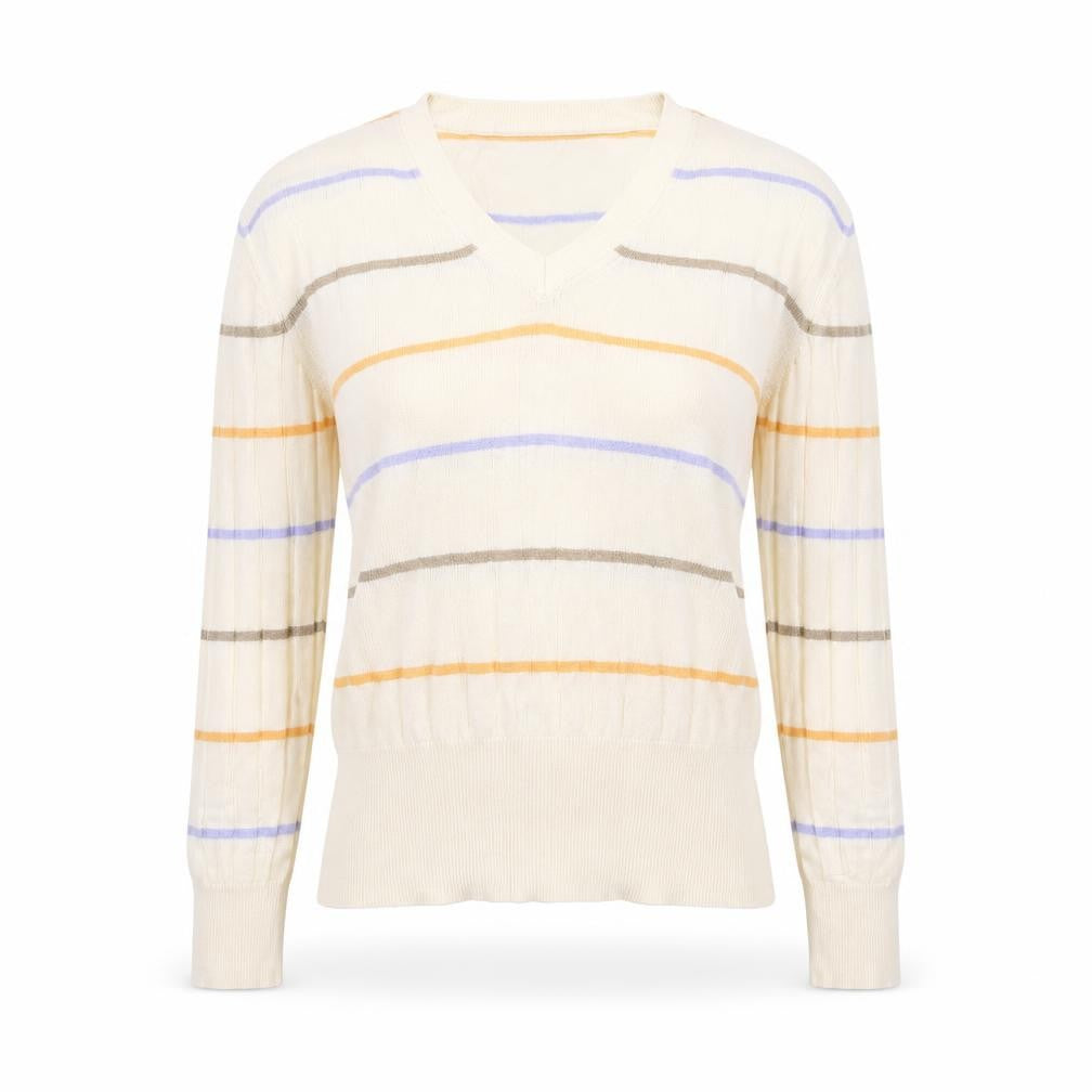 Front view of Marks & Spencer women’s beige striped knit jumper, size S