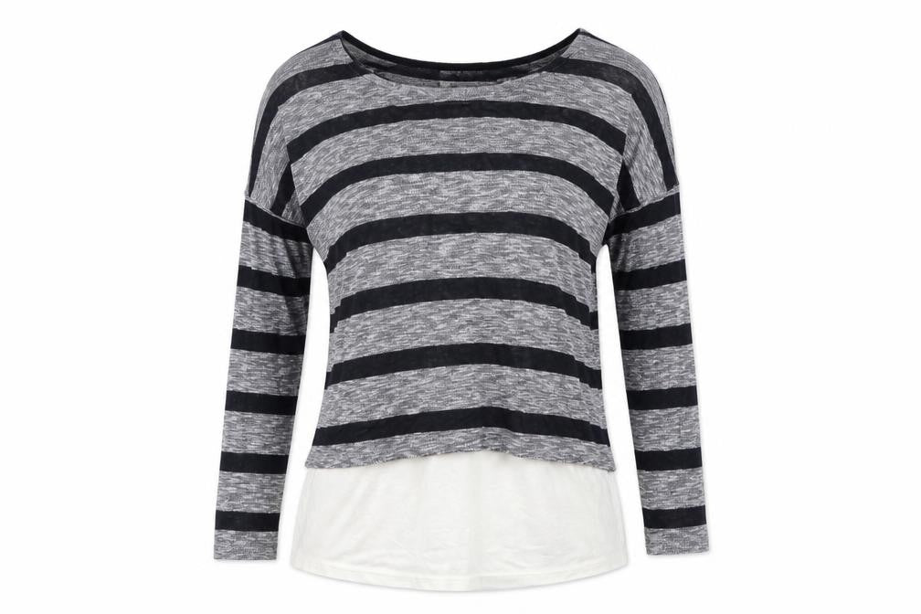 Front view of M&M's women’s grey striped knit jumper, size UK 14