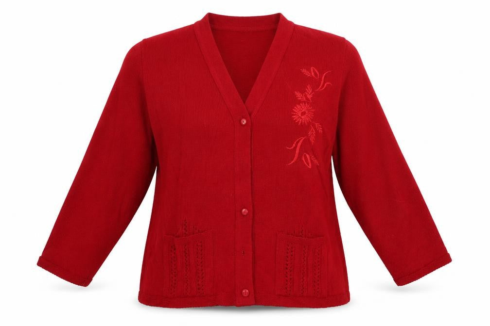 Front view of Florida women’s red cardigan jumper, size M