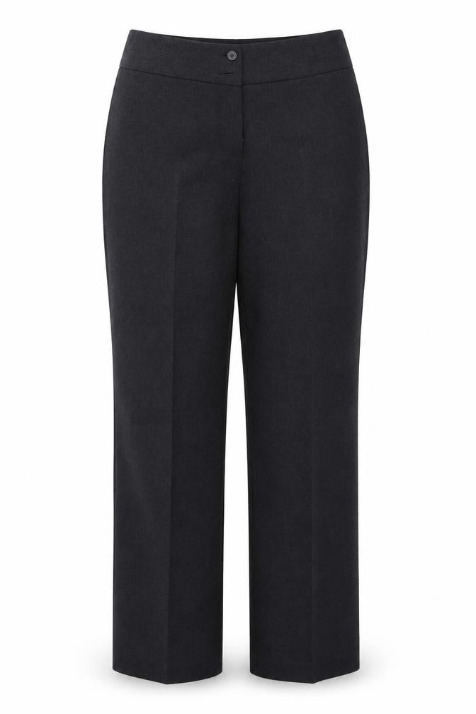 Front view of Marks & Spencer women’s grey trousers, size UK 10, 28-inch leg