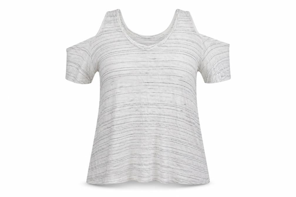 Front view of New Look women’s white striped basic t-shirt, size UK 12