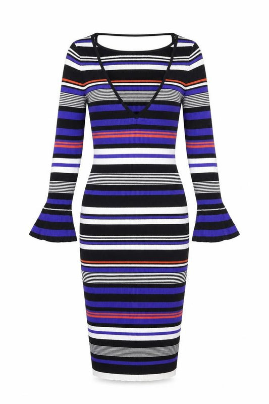 Front view of Miss Selfridge women’s blue striped a-line, size UK 10