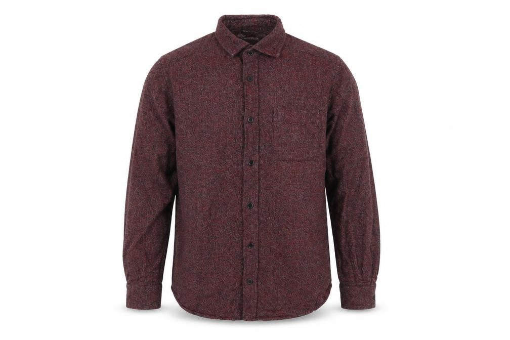 Front view of Cedarwood State men’s red button-up, size XS