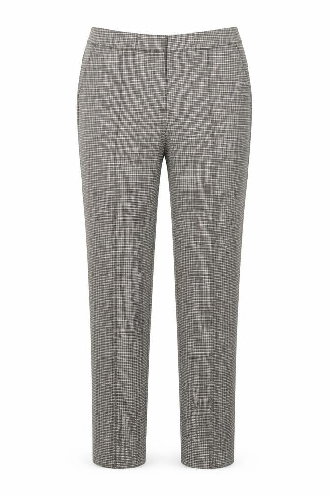 Front view of Mango women’s beige plaid trousers, size S, 30-inch leg