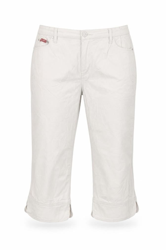 Front view of qit women’s beige cropped trousers, size UK 34, in, 20-inch leg