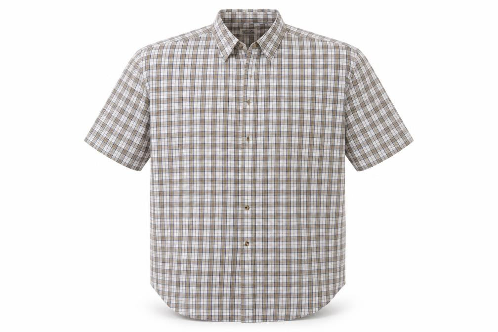 Front view of Basic Editions men’s beige check button-up, size L