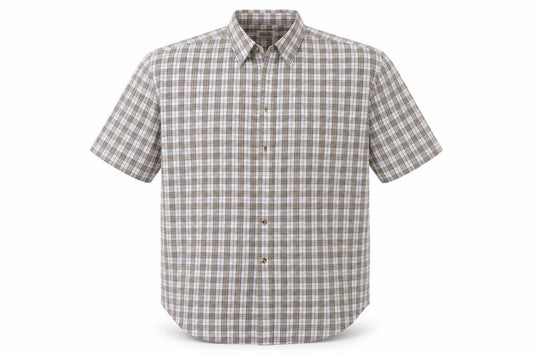 Front view of Basic Editions men’s beige check button-up, size L
