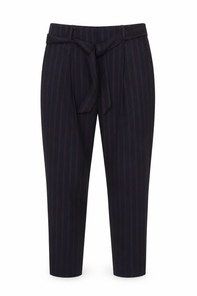 Front view of Next women’s blue striped trousers, size UK 12, 28-inch leg