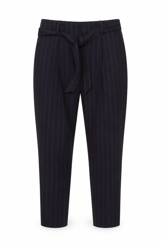 Front view of Next women’s blue striped trousers, size UK 12, 28-inch leg
