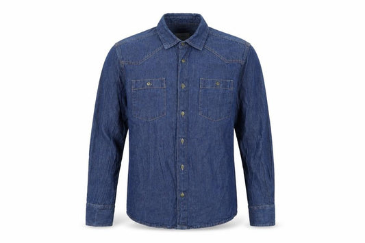 Front view of Crafted men’s blue button-up, size M