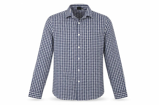 Front view of ASOS men’s blue check button-up, size L