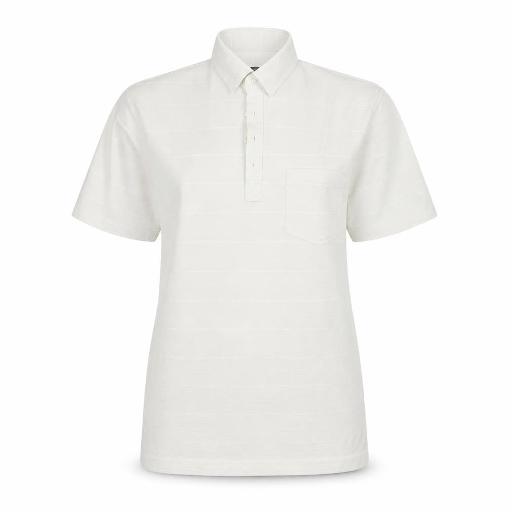 Front view of Carabou women’s white basic polo, size L