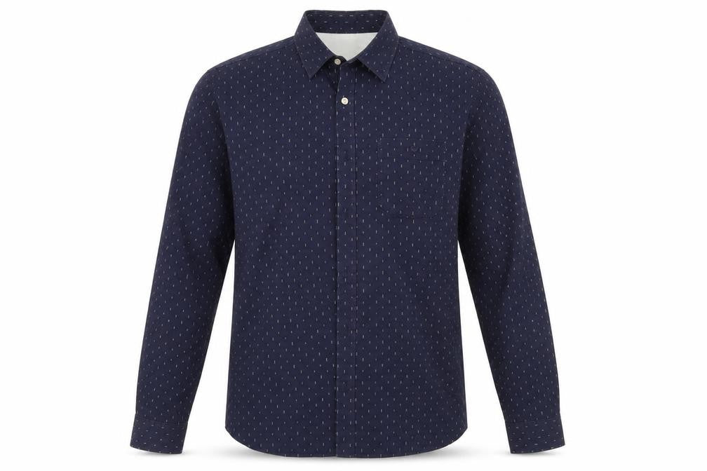 Front view of Debenhams men’s blue geometric button-up, size L