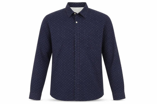 Front view of Debenhams men’s blue geometric button-up, size L