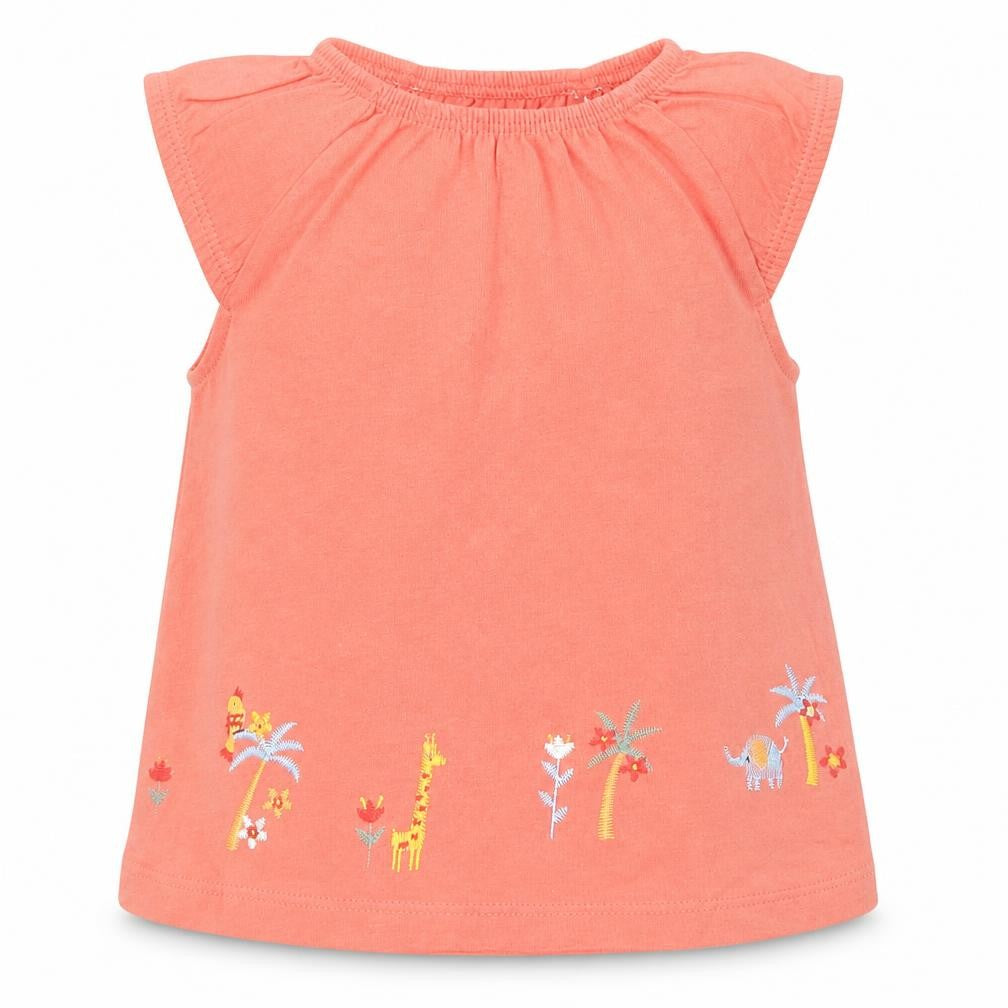 Front view of Nutmeg Baby Orange Basic T-Shirt, size 6-9, Months - Animals