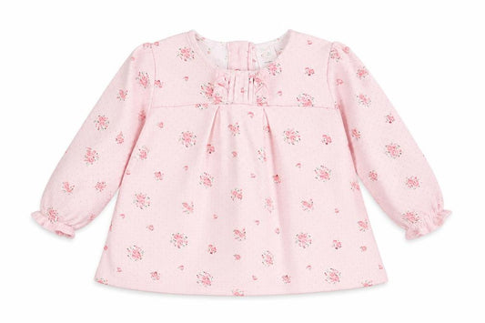 Front view of Mini Club girls’ pink floral basic dress shirt, size 6-9, months