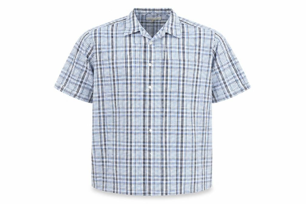 Front view of Churns men’s blue check button-up, size XL